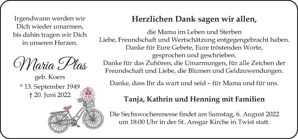  Traueranzeige für Maria Plas vom 30.07.2022 aus Neue Osnabrücker Zeitung GmbH & Co. KG