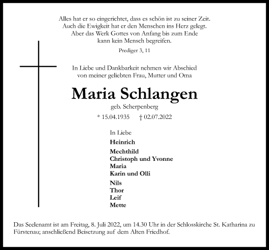 Traueranzeige von Maria Schlangen von Neue Osnabrücker Zeitung GmbH & Co. KG