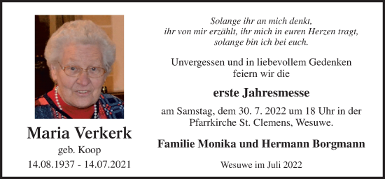 Traueranzeige von Maria Verkerk von Neue Osnabrücker Zeitung GmbH & Co. KG