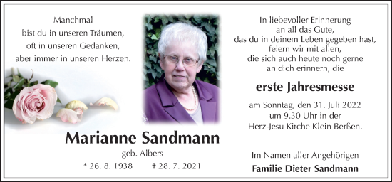 Traueranzeige von Marianne Sandmann von Neue Osnabrücker Zeitung GmbH & Co. KG