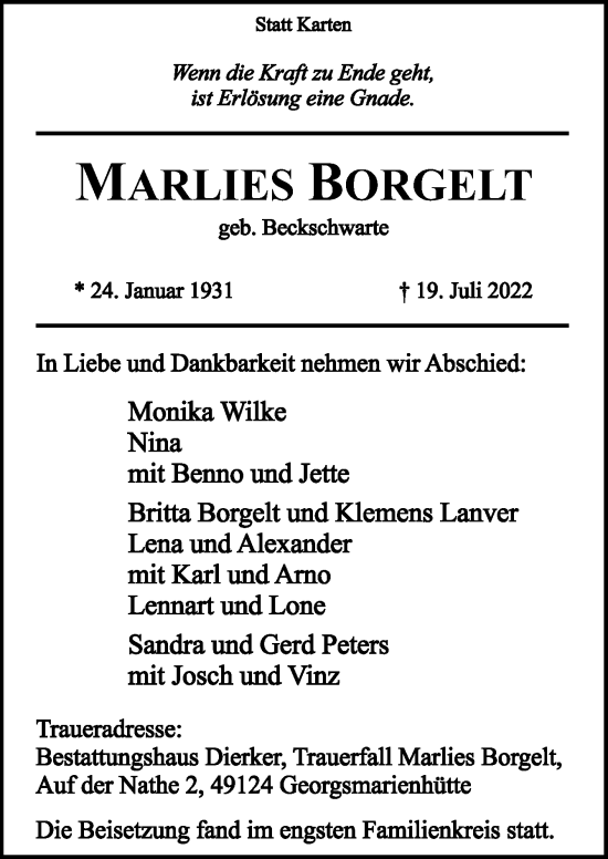 Traueranzeige von Marlies Borgelt von Neue Osnabrücker Zeitung GmbH & Co. KG