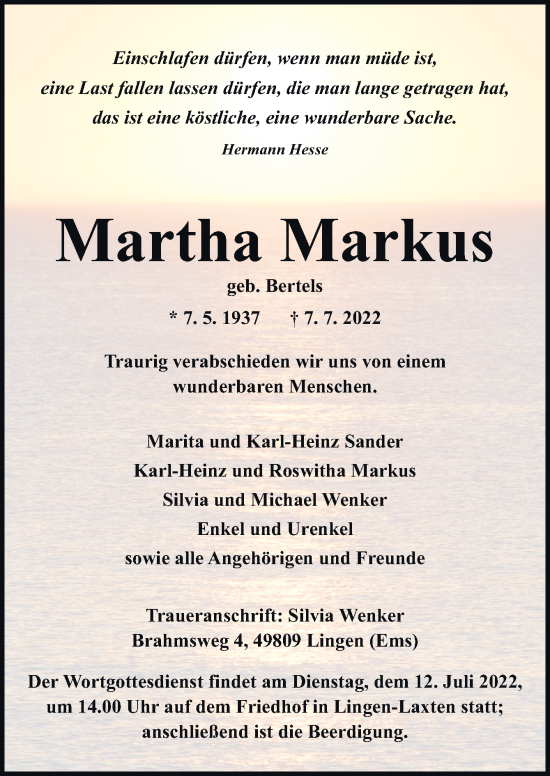 Traueranzeige von Martha Markus von Neue Osnabrücker Zeitung GmbH & Co. KG