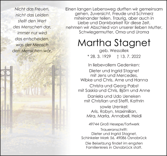 Traueranzeige von Martha Stagnet von Neue Osnabrücker Zeitung GmbH & Co. KG