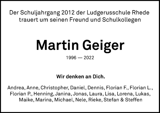 Traueranzeige von Martin Geiger von Neue Osnabrücker Zeitung GmbH & Co. KG