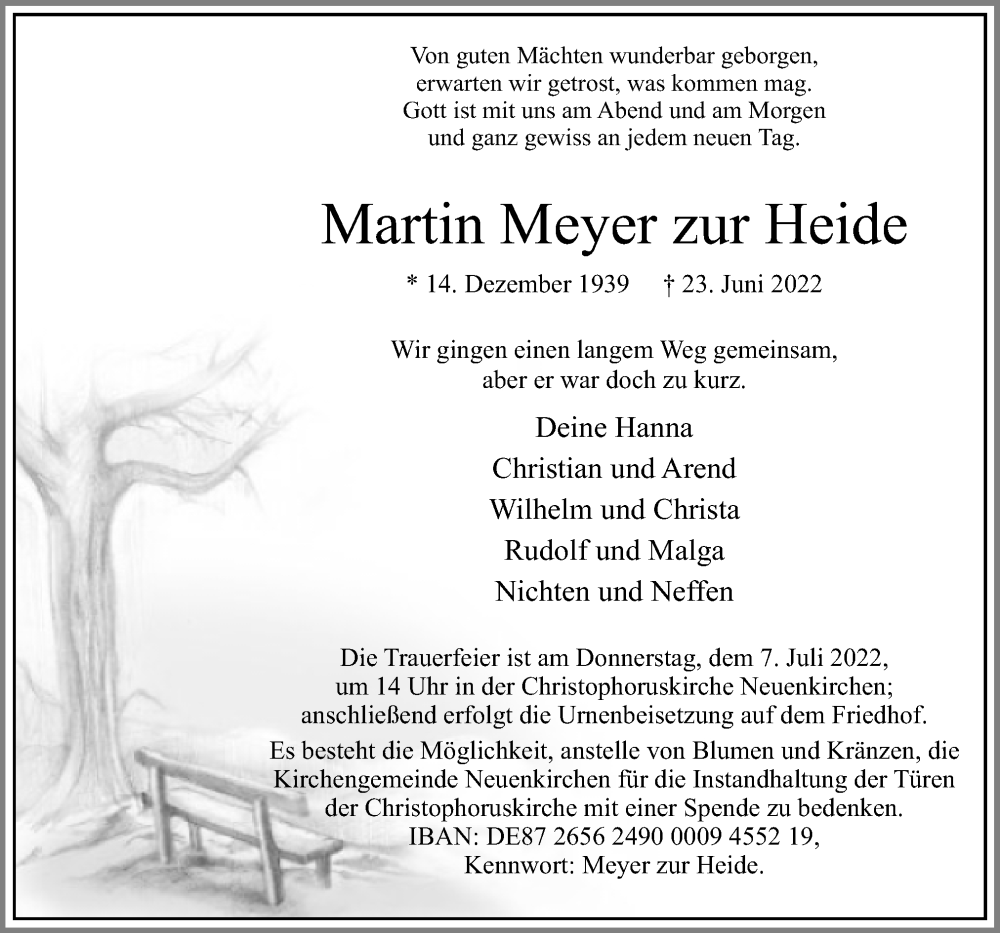  Traueranzeige für Martin Meyer zur Heide vom 02.07.2022 aus Neue Osnabrücker Zeitung GmbH & Co. KG