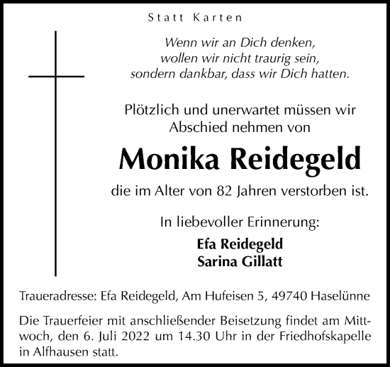 Traueranzeige von Monika Reidegeld von Neue Osnabrücker Zeitung GmbH & Co. KG
