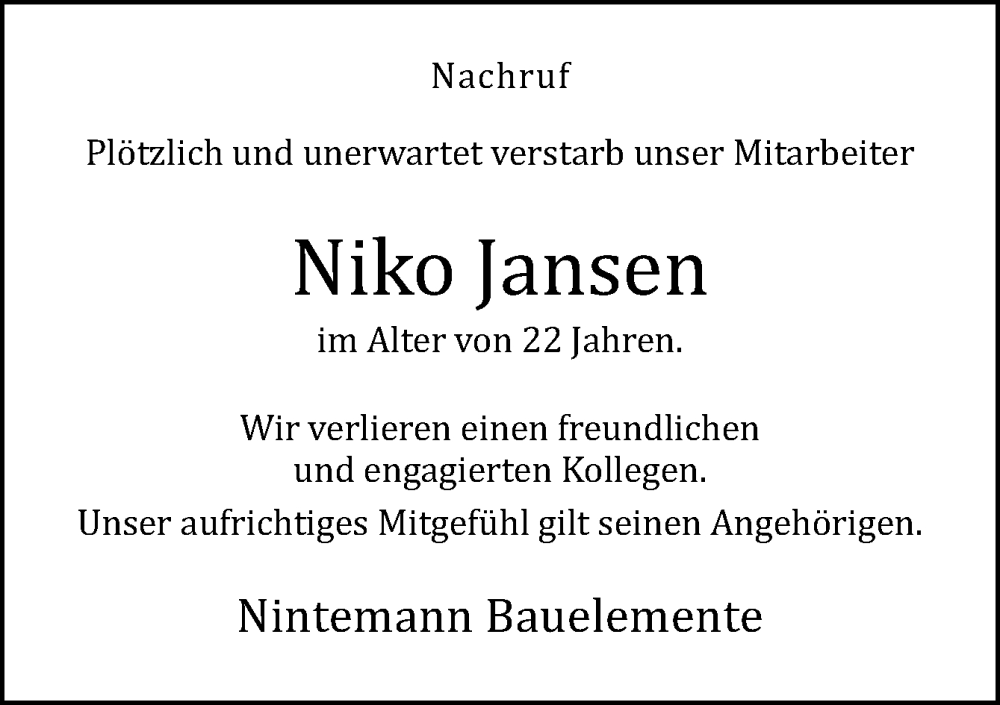  Traueranzeige für Niko Jansen vom 28.07.2022 aus Neue Osnabrücker Zeitung GmbH & Co. KG