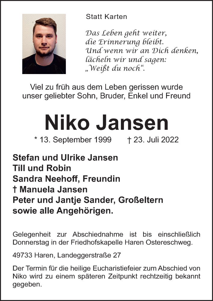  Traueranzeige für Niko Jansen vom 26.07.2022 aus Neue Osnabrücker Zeitung GmbH & Co. KG