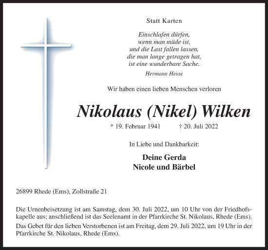 Traueranzeige von Nikolaus  Wilken von Neue Osnabrücker Zeitung GmbH & Co. KG