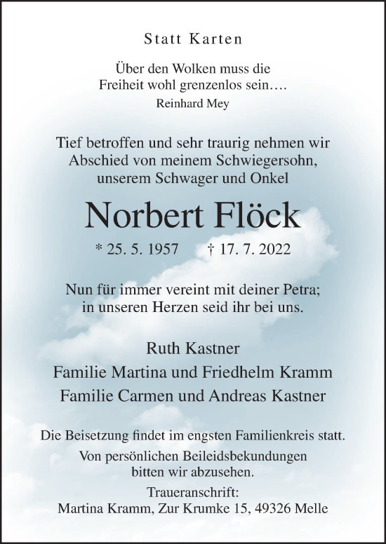 Traueranzeige von Norbert Flöck von Neue Osnabrücker Zeitung GmbH & Co. KG