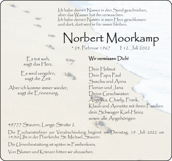 Traueranzeige von Norbert Moorkamp von Neue Osnabrücker Zeitung GmbH & Co. KG