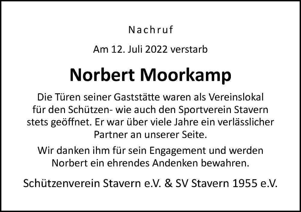  Traueranzeige für Norbert Moorkamp vom 18.07.2022 aus Neue Osnabrücker Zeitung GmbH & Co. KG