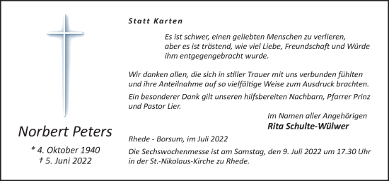 Traueranzeige von Norbert Peters von Neue Osnabrücker Zeitung GmbH & Co. KG