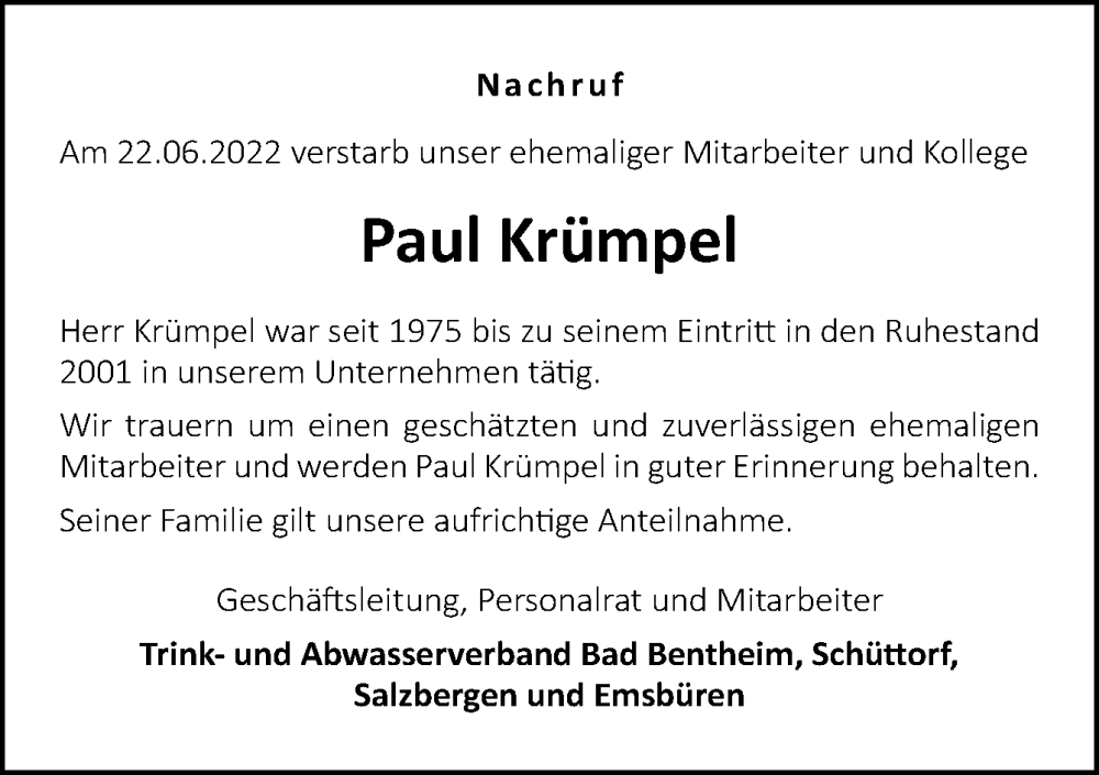  Traueranzeige für Paul Krümpel vom 02.07.2022 aus Neue Osnabrücker Zeitung GmbH & Co. KG