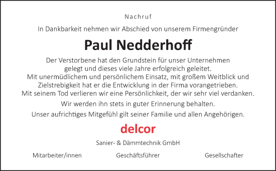 Traueranzeige von Paul Nedderhoff von Neue Osnabrücker Zeitung GmbH & Co. KG