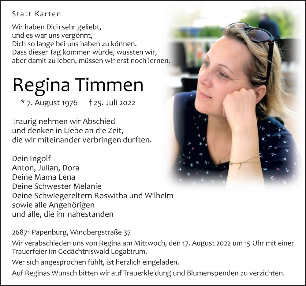  Traueranzeige für Regina Timmen vom 30.07.2022 aus Neue Osnabrücker Zeitung GmbH & Co. KG