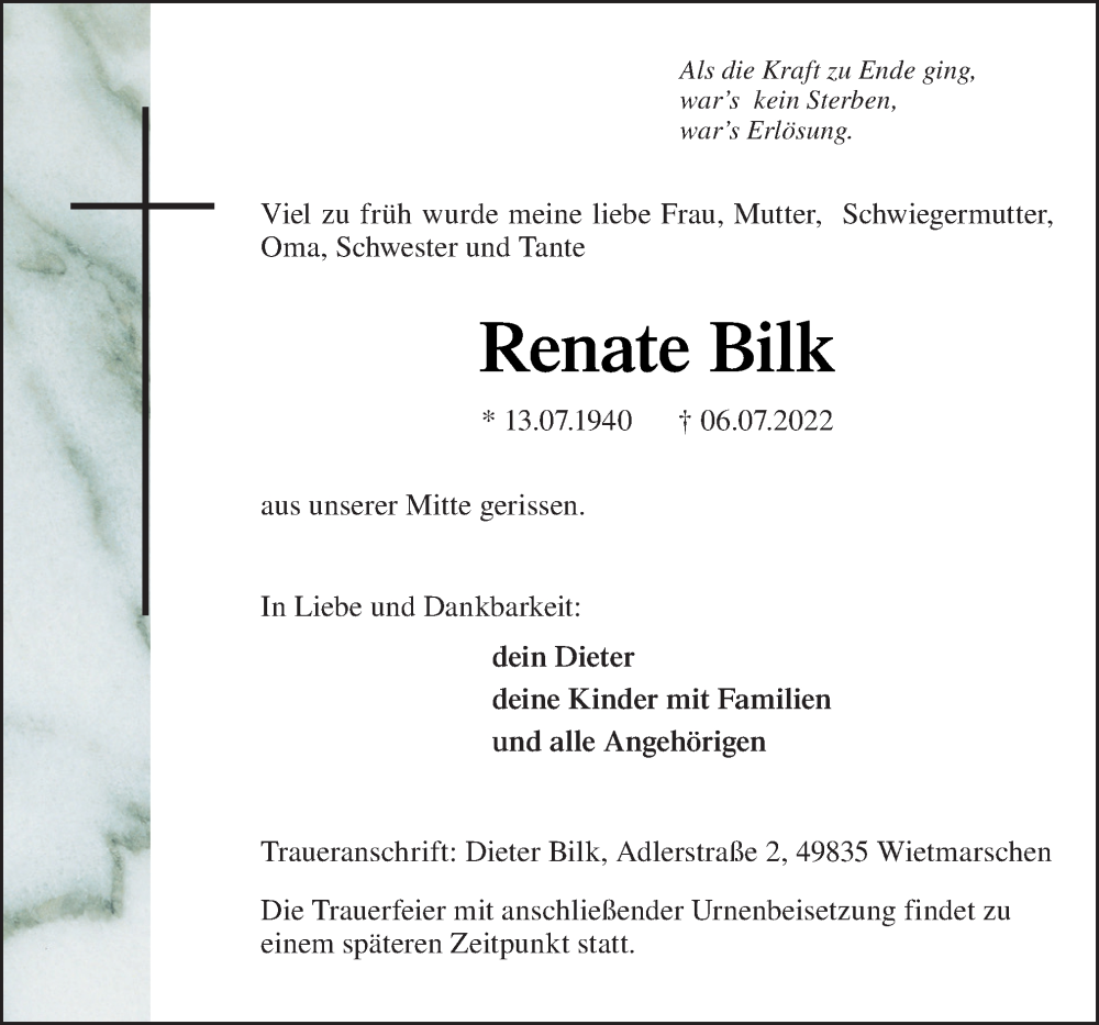  Traueranzeige für Renate Bilk vom 09.07.2022 aus Neue Osnabrücker Zeitung GmbH & Co. KG