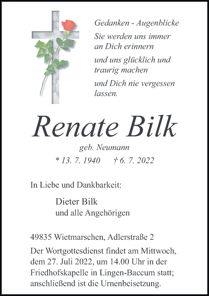  Traueranzeige für Renate Bilk vom 23.07.2022 aus Neue Osnabrücker Zeitung GmbH & Co. KG