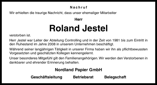 Traueranzeige von Roland Jestel von Neue Osnabrücker Zeitung GmbH & Co. KG