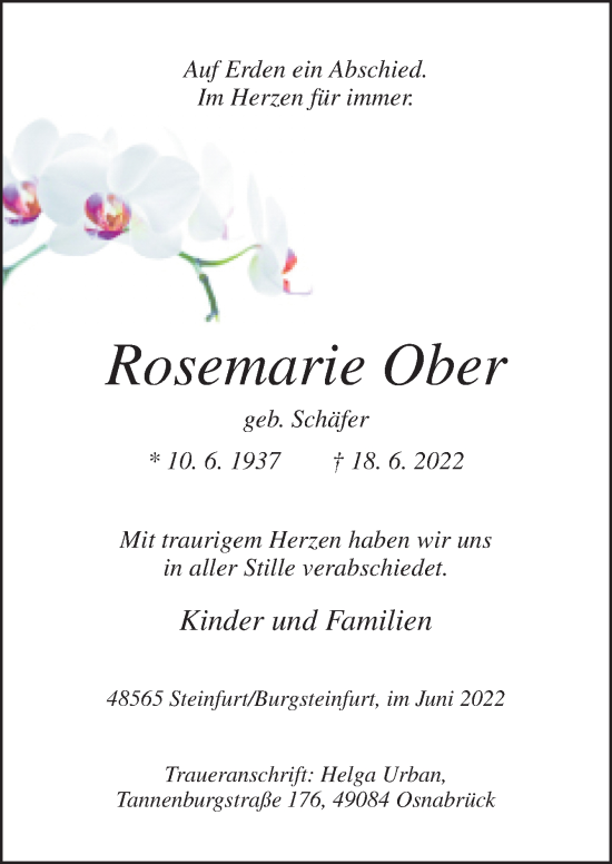 Traueranzeige von Rosemarie Ober von Neue Osnabrücker Zeitung GmbH & Co. KG