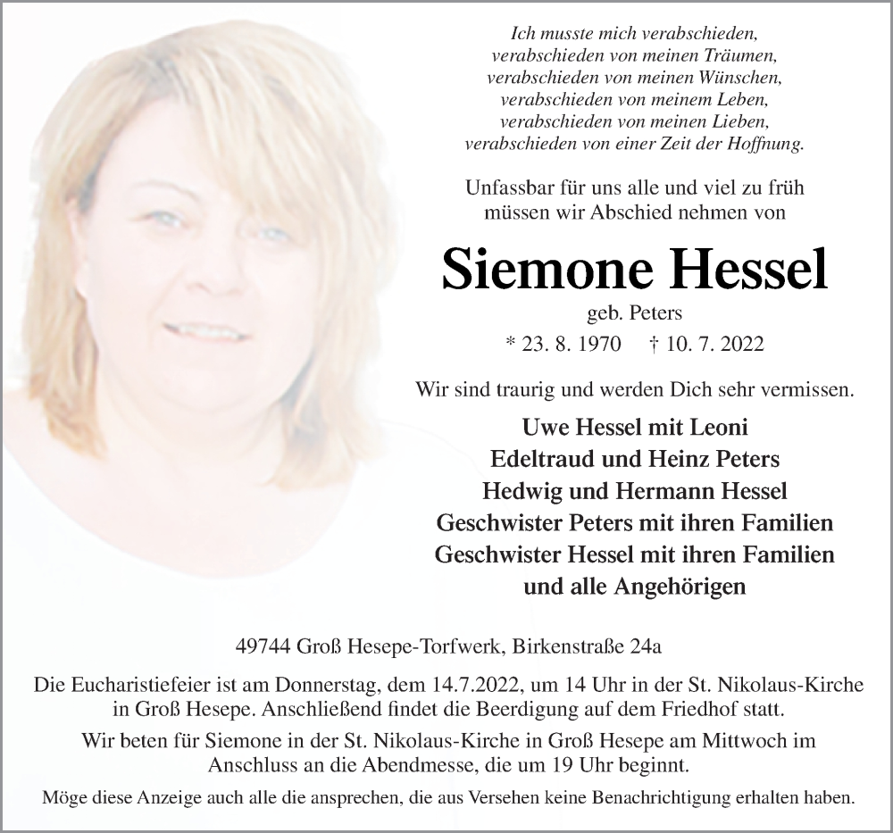  Traueranzeige für Siemone Hessel vom 12.07.2022 aus Neue Osnabrücker Zeitung GmbH & Co. KG