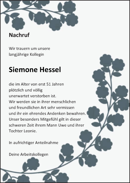 Traueranzeige von Siemone Hessel von Neue Osnabrücker Zeitung GmbH & Co. KG