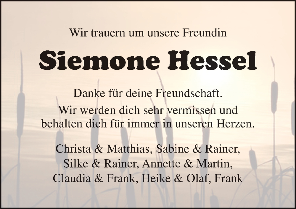  Traueranzeige für Siemone Hessel vom 14.07.2022 aus Neue Osnabrücker Zeitung GmbH & Co. KG