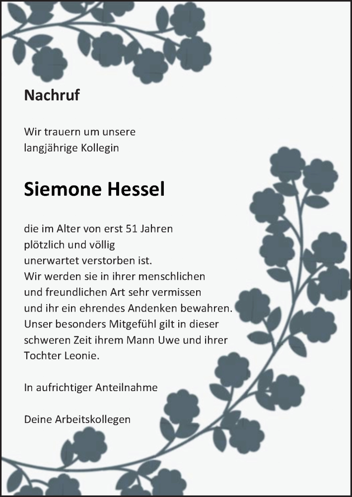  Traueranzeige für Siemone Hessel vom 15.07.2022 aus Neue Osnabrücker Zeitung GmbH & Co. KG