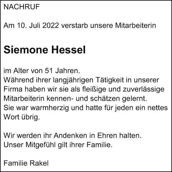 Traueranzeige von Siemone Hessel von Neue Osnabrücker Zeitung GmbH & Co. KG