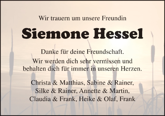 Traueranzeige von Siemone Hessel von Neue Osnabrücker Zeitung GmbH & Co. KG