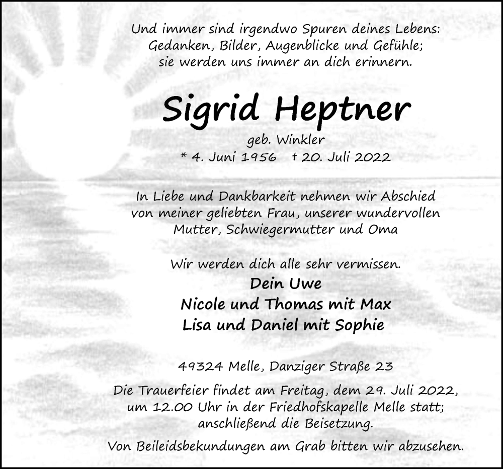  Traueranzeige für Sigrid Heptner vom 23.07.2022 aus Neue Osnabrücker Zeitung GmbH & Co. KG