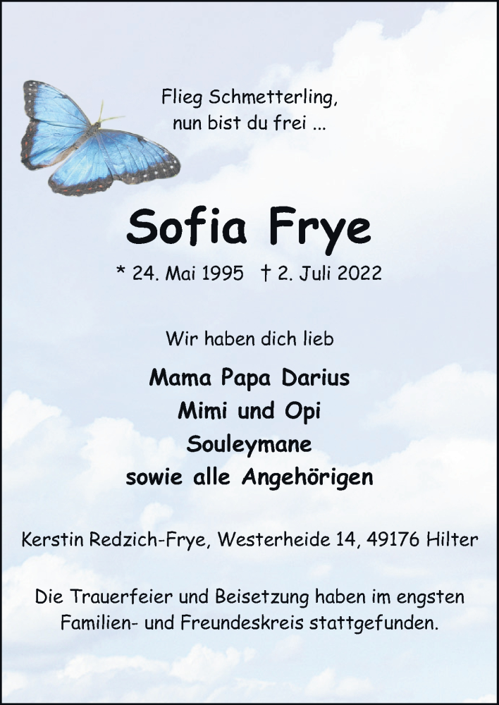  Traueranzeige für Sofia Frye vom 16.07.2022 aus Neue Osnabrücker Zeitung GmbH & Co. KG