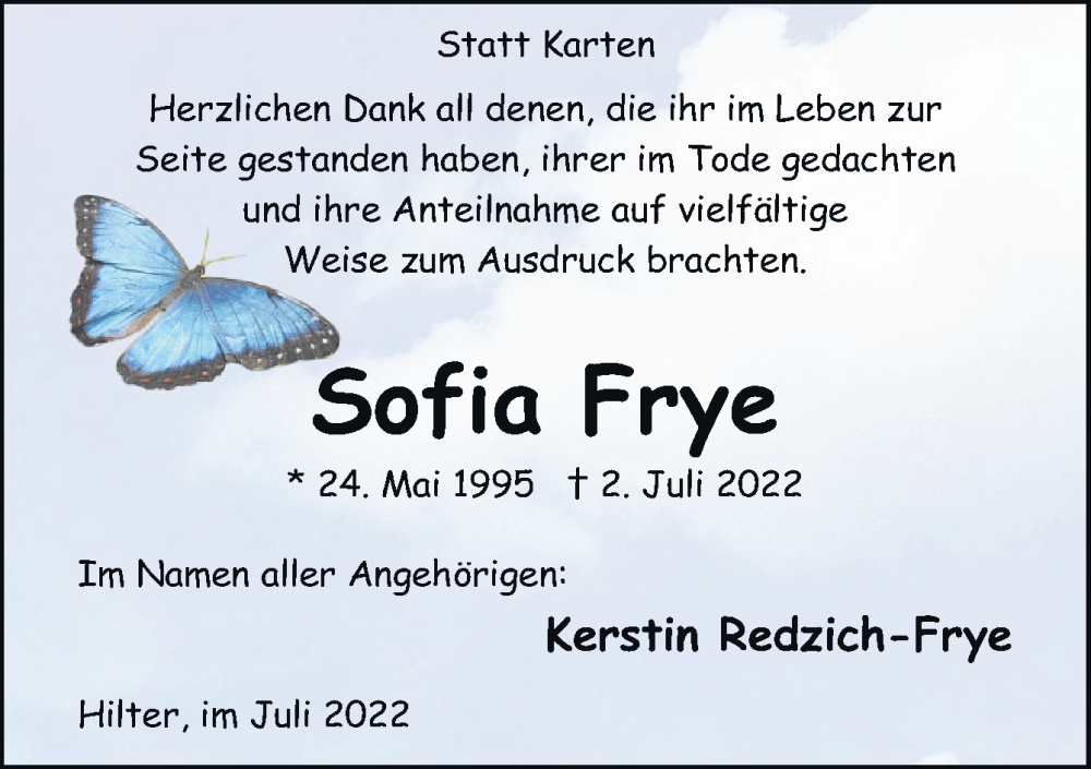  Traueranzeige für Sofia Frye vom 23.07.2022 aus Neue Osnabrücker Zeitung GmbH & Co. KG