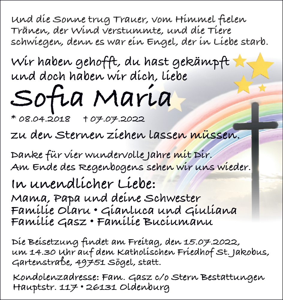  Traueranzeige für Sofia Maria  vom 13.07.2022 aus Neue Osnabrücker Zeitung GmbH & Co. KG