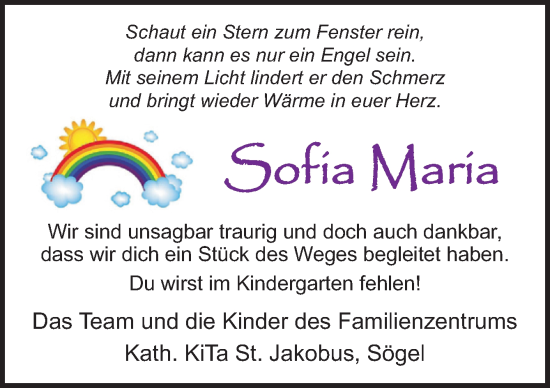 Traueranzeige von Sofia Maria  von Neue Osnabrücker Zeitung GmbH & Co. KG
