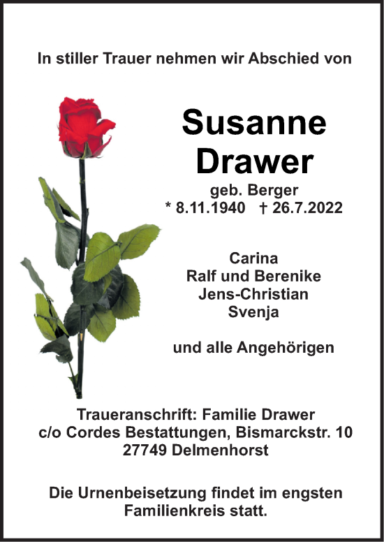 Traueranzeige von Susanne Drawer von DK Medien GmbH & Co. KG