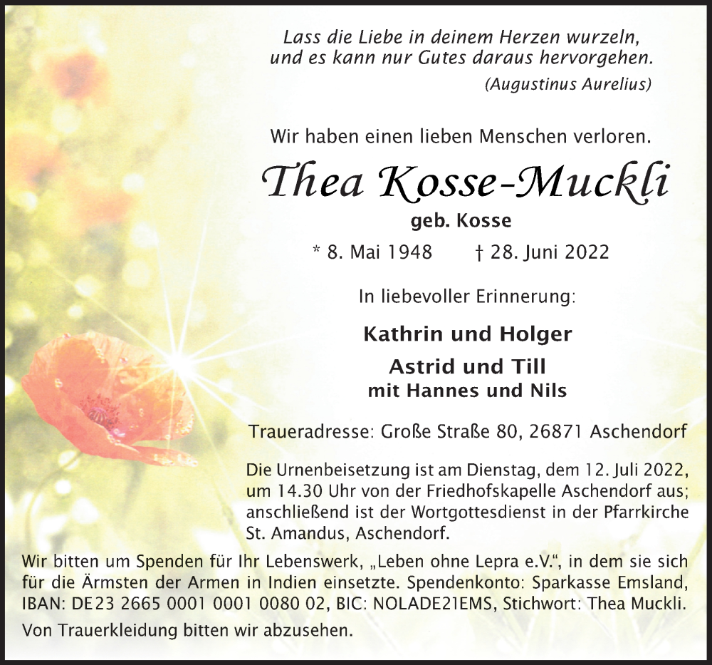  Traueranzeige für Thea Kosse-Muckli vom 02.07.2022 aus Neue Osnabrücker Zeitung GmbH & Co. KG