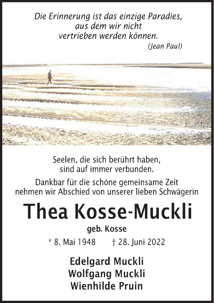  Traueranzeige für Thea Kosse-Muckli vom 02.07.2022 aus Neue Osnabrücker Zeitung GmbH & Co. KG