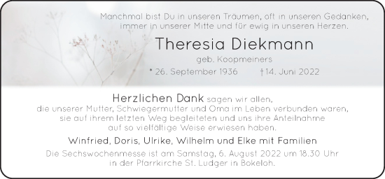 Traueranzeige von Theresia Diekmann von Neue Osnabrücker Zeitung GmbH & Co. KG