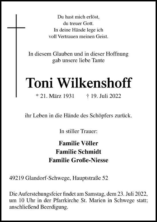 Traueranzeige von Toni Wilkenshoff von Neue Osnabrücker Zeitung GmbH & Co. KG