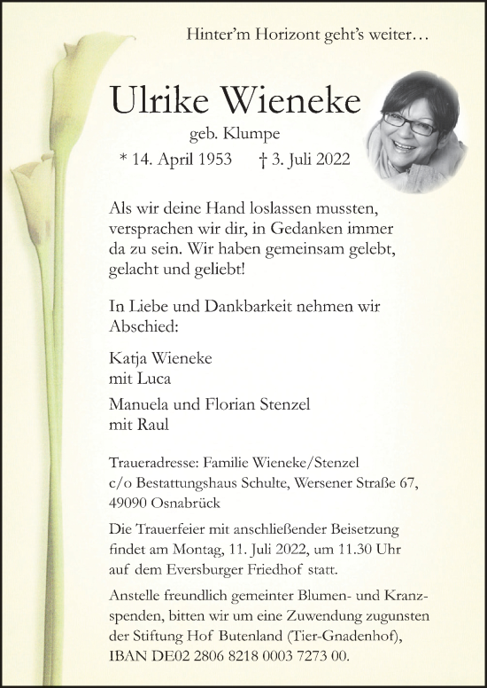 Traueranzeige von Ulrike Wieneke von Neue Osnabrücker Zeitung GmbH & Co. KG