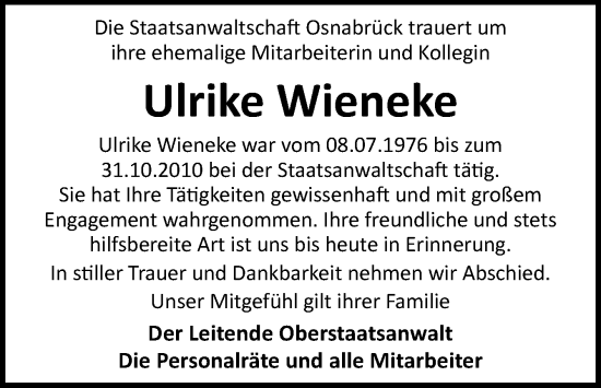 Traueranzeige von Ulrike Wieneke von Neue Osnabrücker Zeitung GmbH & Co. KG