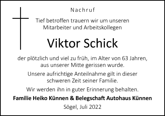 Traueranzeige von Viktor Schick von Neue Osnabrücker Zeitung GmbH & Co. KG