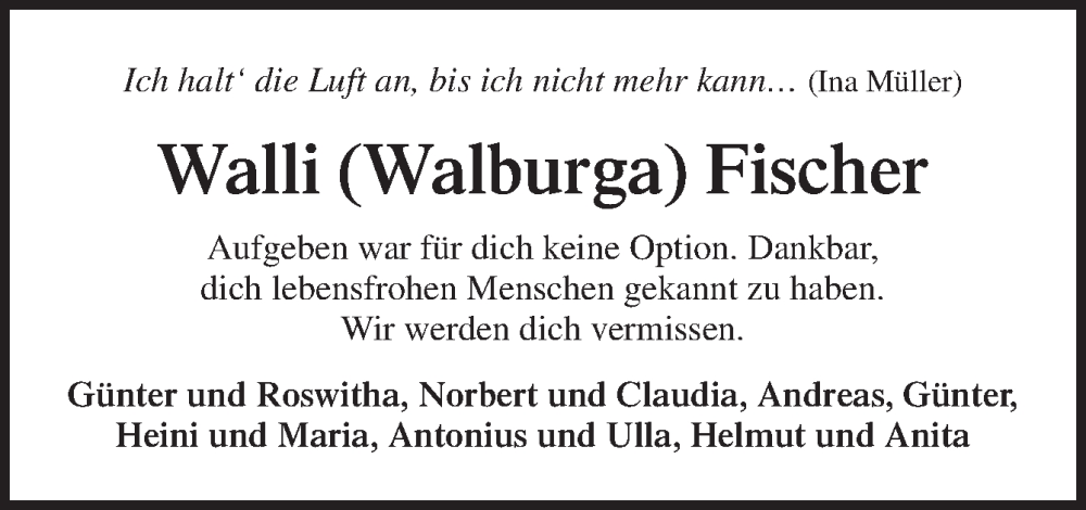  Traueranzeige für Walburga Fischer vom 13.07.2022 aus Neue Osnabrücker Zeitung GmbH & Co. KG