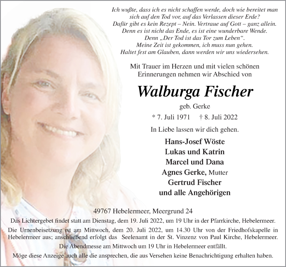  Traueranzeige für Walburga Fischer vom 11.07.2022 aus Neue Osnabrücker Zeitung GmbH & Co. KG