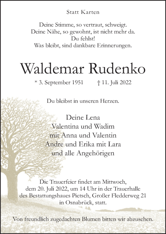 Traueranzeige von Waldemar Rudenko von Neue Osnabrücker Zeitung GmbH & Co. KG