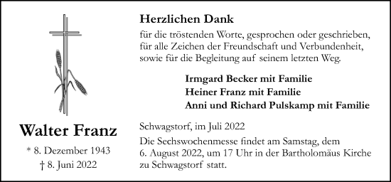 Traueranzeige von Walter Franz von Neue Osnabrücker Zeitung GmbH & Co. KG