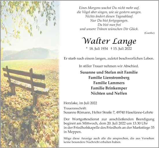 Traueranzeige von Walter Lange von Neue Osnabrücker Zeitung GmbH & Co. KG