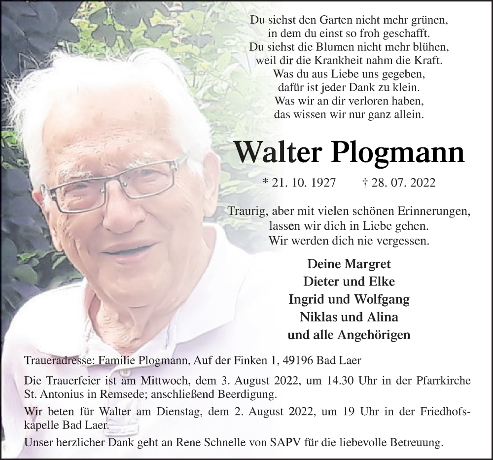  Traueranzeige für Walter Plogmann vom 30.07.2022 aus Neue Osnabrücker Zeitung GmbH & Co. KG