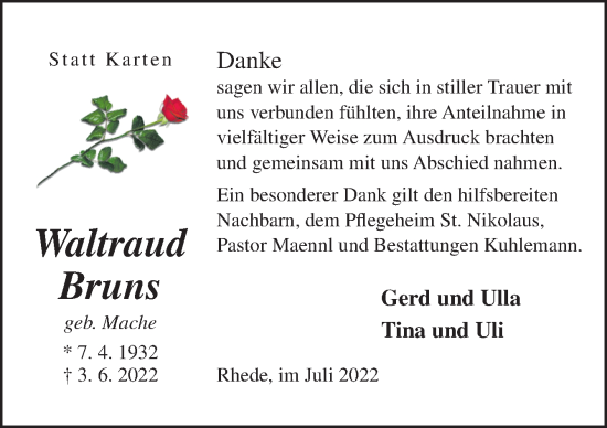 Traueranzeige von Waltraud Bruns von Neue Osnabrücker Zeitung GmbH & Co. KG